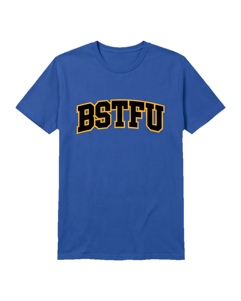 FIRST DROP Varsity Tee — Royal Blue Gold Outline
