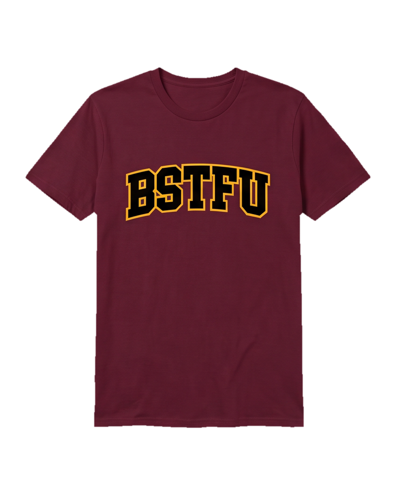 FIRST DROP Varsity Tee — Burgundy Gold Outline
